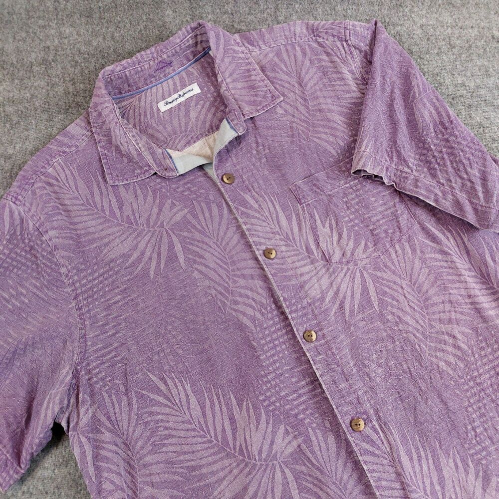 Tommy Bahama Camp Button Up Silk Shirt Men's XL Purple Palm Pocket